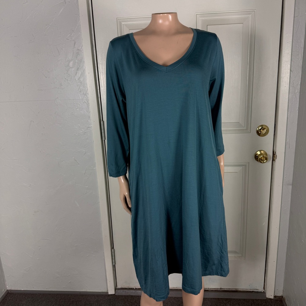 Wool& Women's Dress Large Long A-line 3/4 Sleeve Knit V-Neck Pockets Tall L16